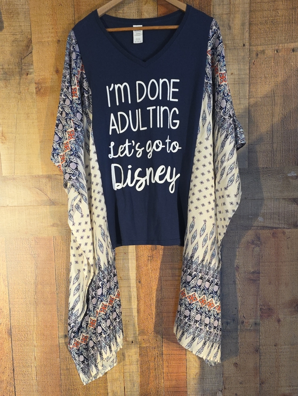 Upcycled Navy "I'm Done Adulting. Let's Go To Disney" Tee With Kimono Sleeves